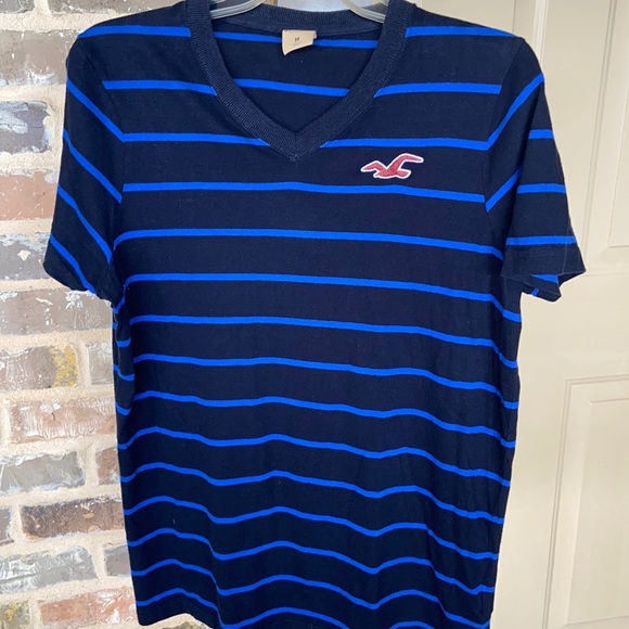Hollister Nautical Stripe V-Neck T-shirt Y2K Blue Navy Soft Size Medium - Picture 5 of 5